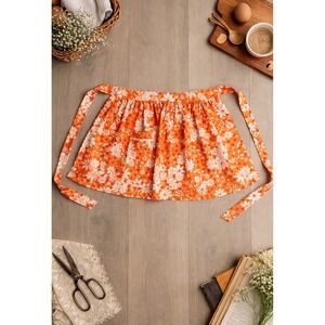 Retro Half Apron MCM Kitchen Orange Floral 17" Length